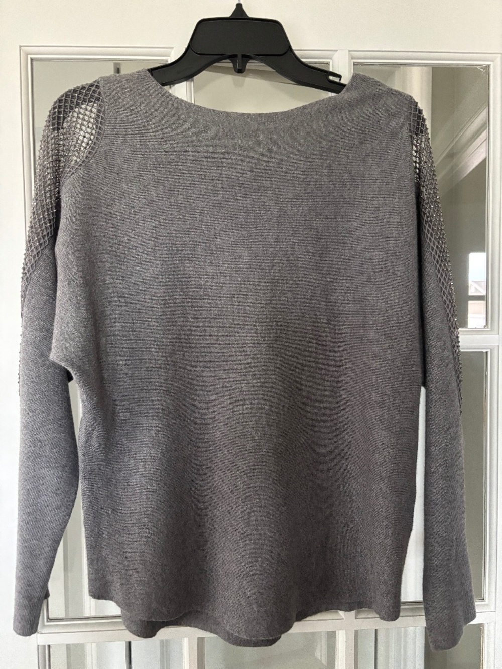 LIV/Milano, grey long sleeved sweater with sparkle detail on arms. Larg
